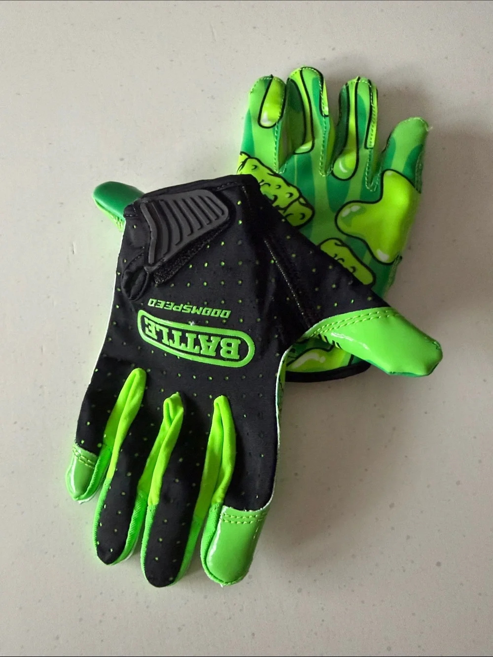 Battle Doom Speed Kids Football Gloves Youth Medium  Slime Drip Design